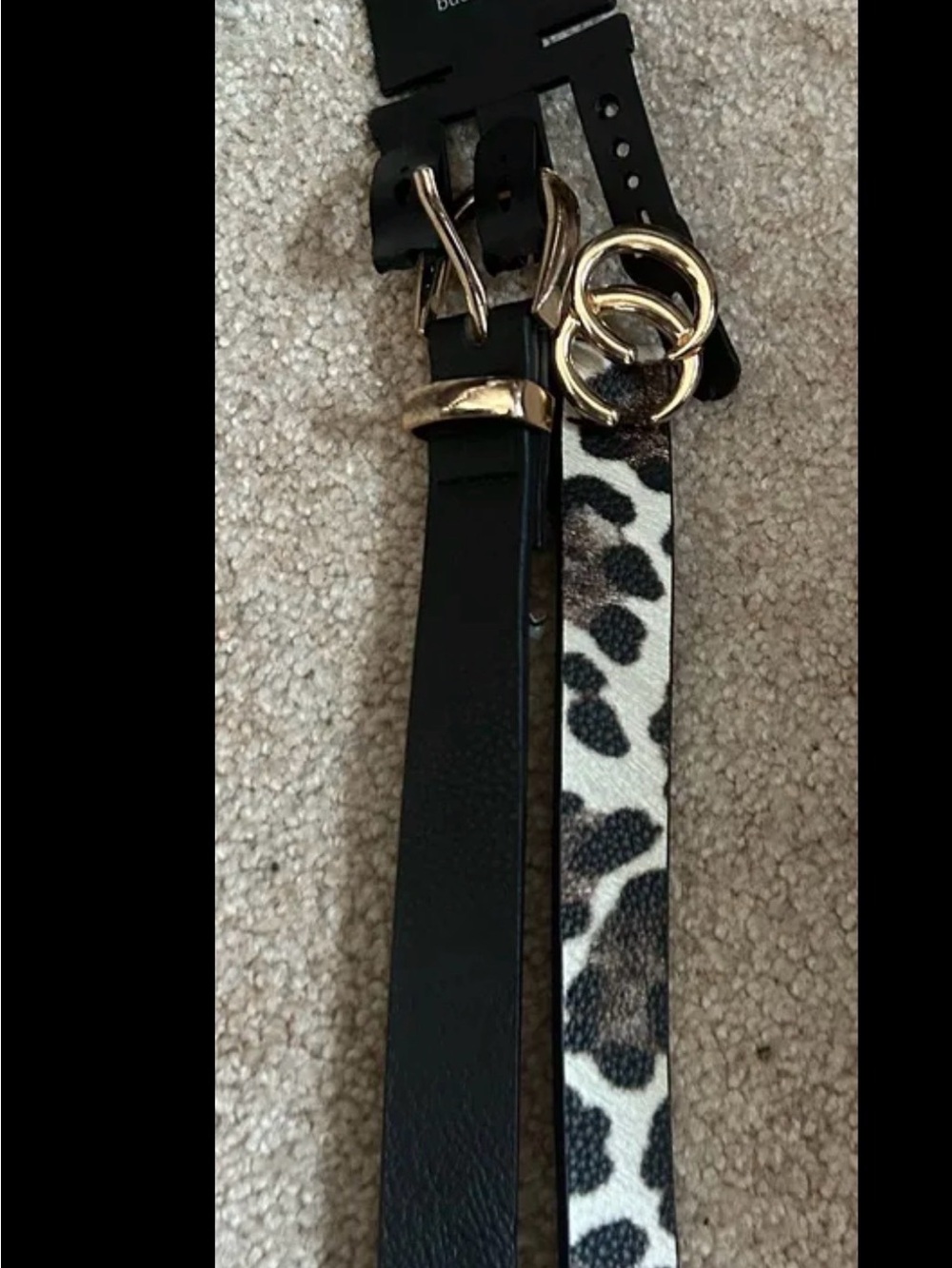 BKE Black and Leopard Double Strap Belt with Gold Rings